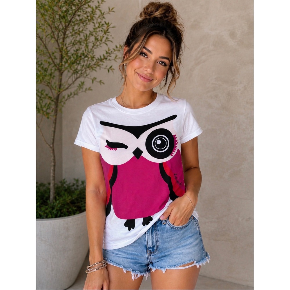 NEW Kate Spade New York Owl Graphic Tee Fresh White Pink whimsical‎ artsy size L